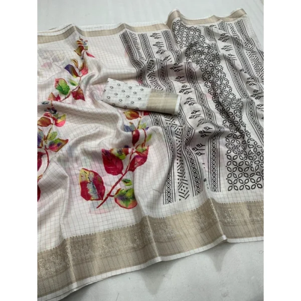 Women's Dola Silk Printed Saree With Unstitched Blouse 5.5Mtr (White) - Image 2