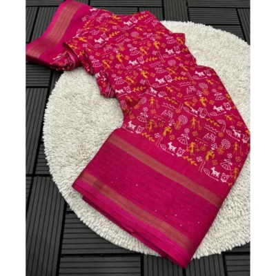 Women's Dola Silk Printed Saree With Unstitched Blouse 5.5Mtr (Pink)