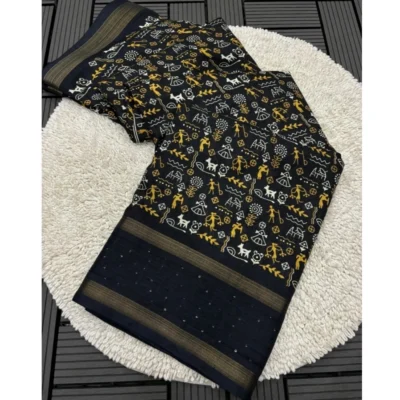 Women's Dola Silk Printed Saree With Unstitched Blouse 5.5Mtr (Black)