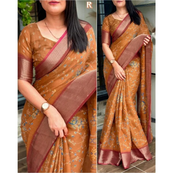 Women's Cotton Zari Printed Saree With Unstitched Blouse 5.5Mtr (Mustard) - Image 2