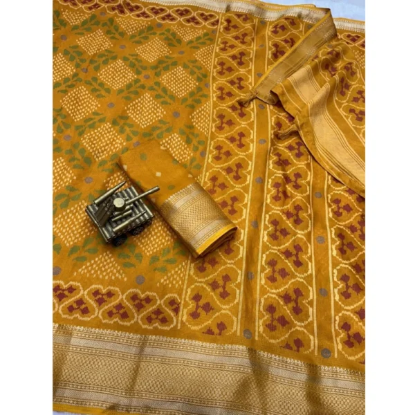 Women's Dola Silk Printed Saree With Unstitched Blouse 5.5Mtr (Yellow)