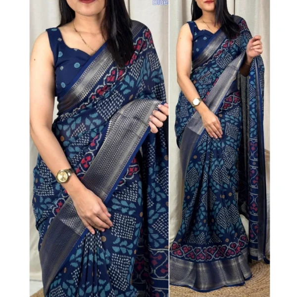Women's Dola Silk Printed Saree With Unstitched Blouse 5.5Mtr (Blue) - Image 2