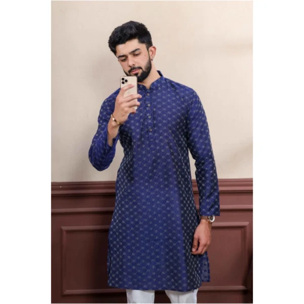 Men's Casual Cotton Printed Full Sleeve Kurta Pyjama Set (Blue) - Image 3