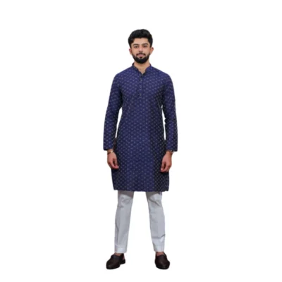 Men's Casual Cotton Printed Full Sleeve Kurta Pyjama Set (Blue)