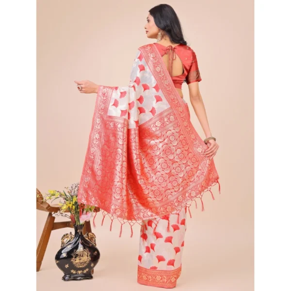 Women's Linen Cotton Printed Saree With Unstitched Blouse 5.5Mtr (Red) - Image 3