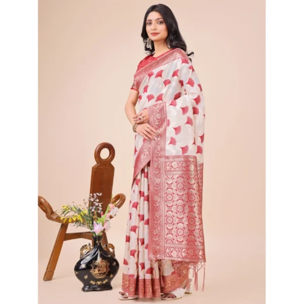 Women's Linen Cotton Printed Saree With Unstitched Blouse 5.5Mtr (Maroon) - Image 2