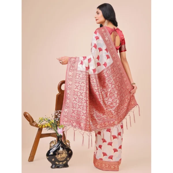 Women's Linen Cotton Printed Saree With Unstitched Blouse 5.5Mtr (Maroon) - Image 3