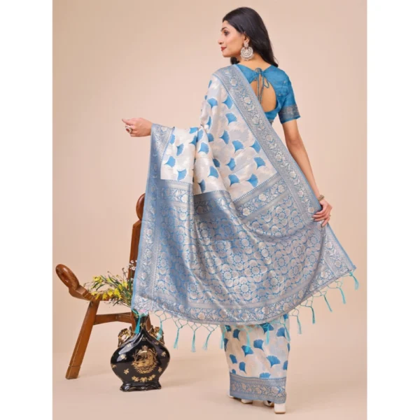 Women's Linen Cotton Printed Saree With Unstitched Blouse 5.5Mtr (Sky Blue) - Image 3