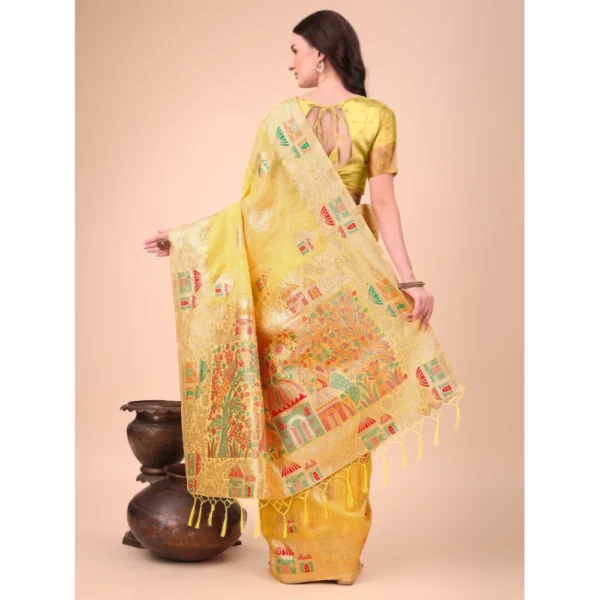 Women's Linen Cotton Printed Saree With Unstitched Blouse 5.5Mtr (Yellow) - Image 3
