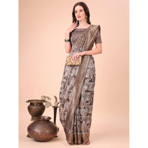 Women's Cotton Printed Saree With Unstitched Blouse 5.5Mtr (Brown) - Image 2