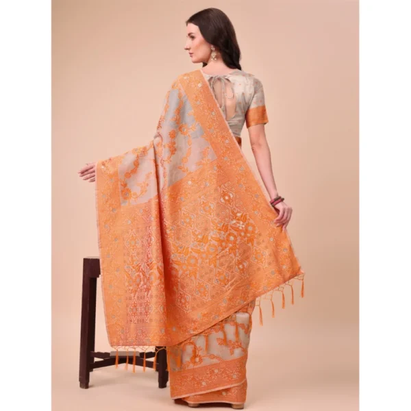 Women's Cotton Printed Saree With Unstitched Blouse 5.5Mtr (Orange) - Image 3