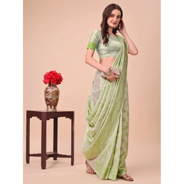 Women's Cotton Printed Saree With Unstitched Blouse 5.5Mtr (Light Green) - Image 2