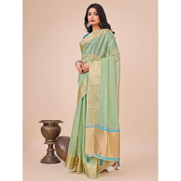 Women's Organza Printed Saree With Unstitched Blouse 5.5Mtr (Green) - Image 2