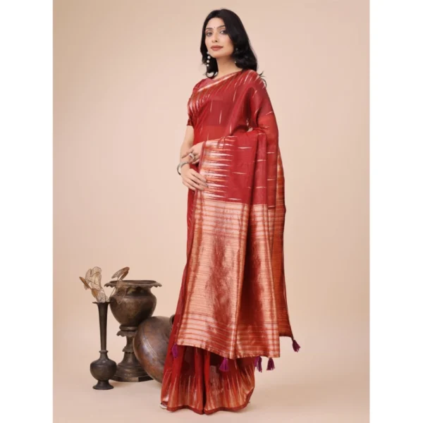 Women's Linen Cotton Printed Saree With Unstitched Blouse 5.5Mtr (Red) - Image 2