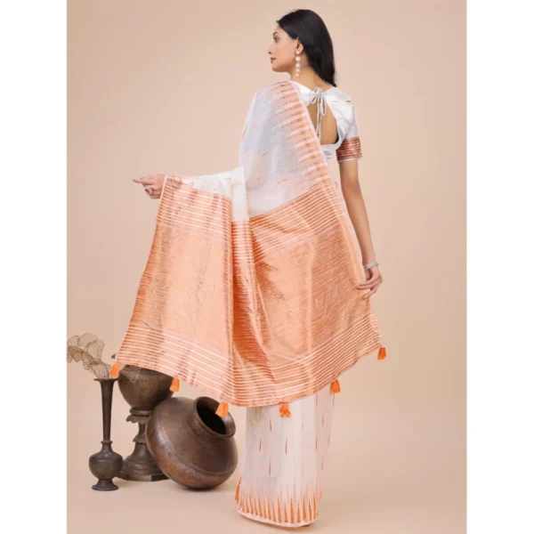 Women's Linen Cotton Printed Saree With Unstitched Blouse 5.5Mtr (White) - Image 3