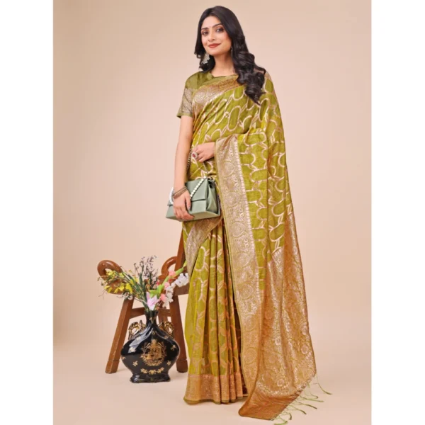 Women's Linen Cotton Printed Saree With Unstitched Blouse 5.5Mtr (Olive Green) - Image 2
