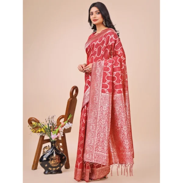 Women's Linen Cotton Printed Saree With Unstitched Blouse 5.5Mtr (Red) - Image 2