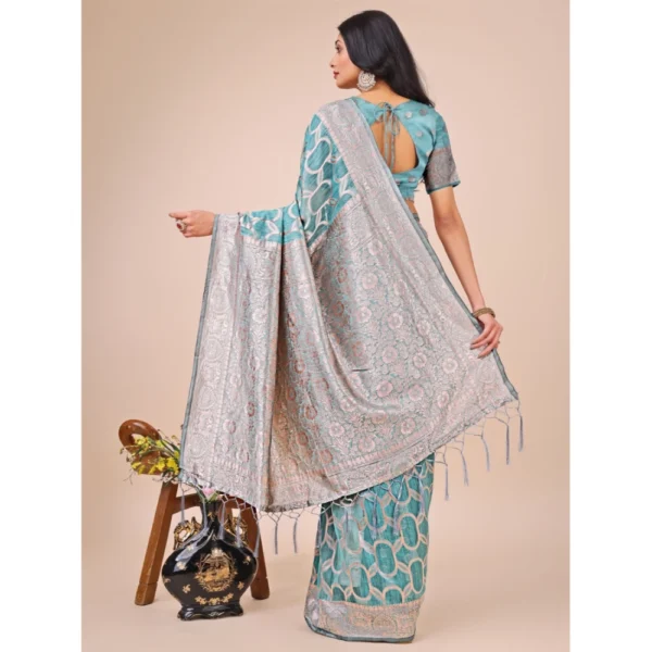 Women's Linen Cotton Printed Saree With Unstitched Blouse 5.5Mtr (Teal) - Image 3