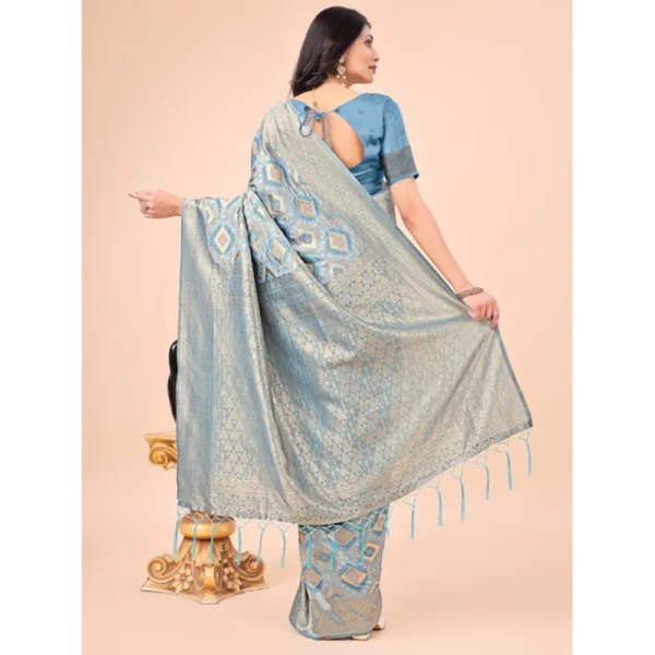 Women's Cotton Printed Saree With Unstitched Blouse 5.5Mtr (Sky Blue) - Image 3