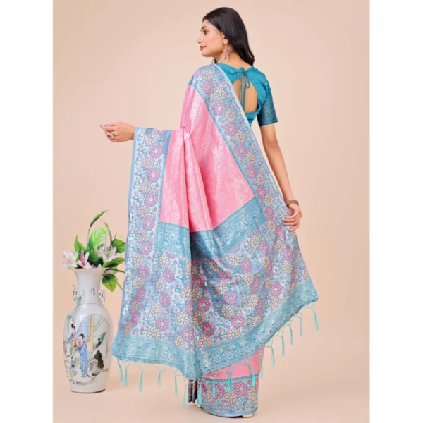 Women's Lichi Silk Printed Saree With Unstitched Blouse 5.5Mtr (Pink) - Image 3