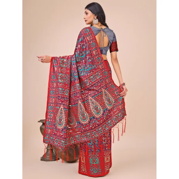 Women's Cotton Printed Saree With Unstitched Blouse 5.5Mtr (Red) - Image 3