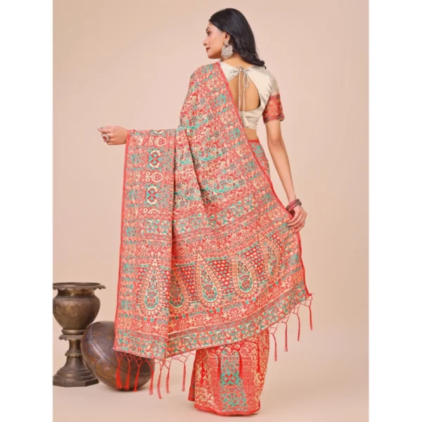 Women's Cotton Printed Saree With Unstitched Blouse 5.5Mtr (Cream) - Image 3