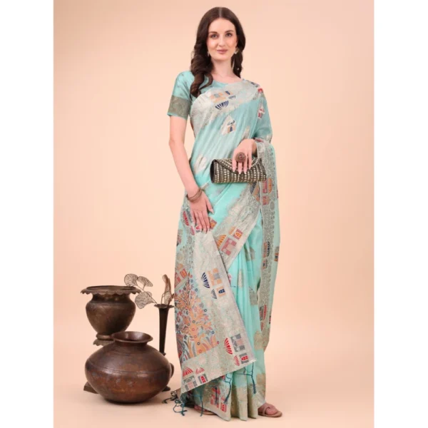 Women's Linen Cotton Printed Saree With Unstitched Blouse 5.5Mtr (Sky Blue) - Image 2