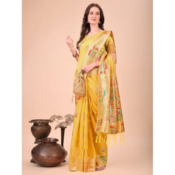 Women's Linen Cotton Printed Saree With Unstitched Blouse 5.5Mtr (Yellow) - Image 2