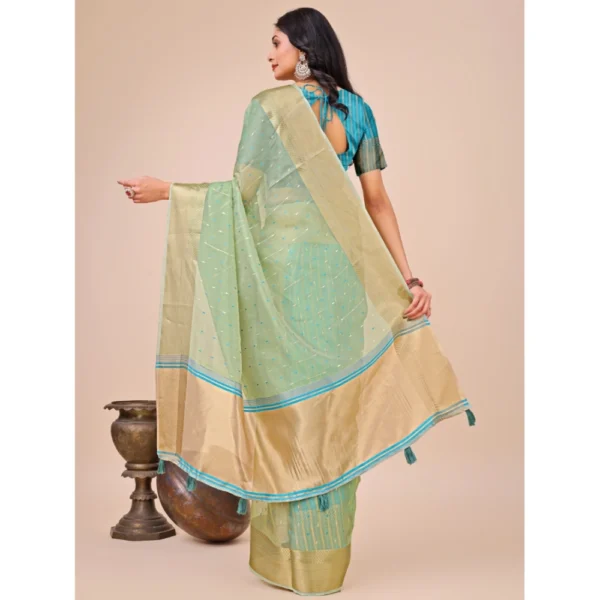 Women's Organza Printed Saree With Unstitched Blouse 5.5Mtr (Green) - Image 3
