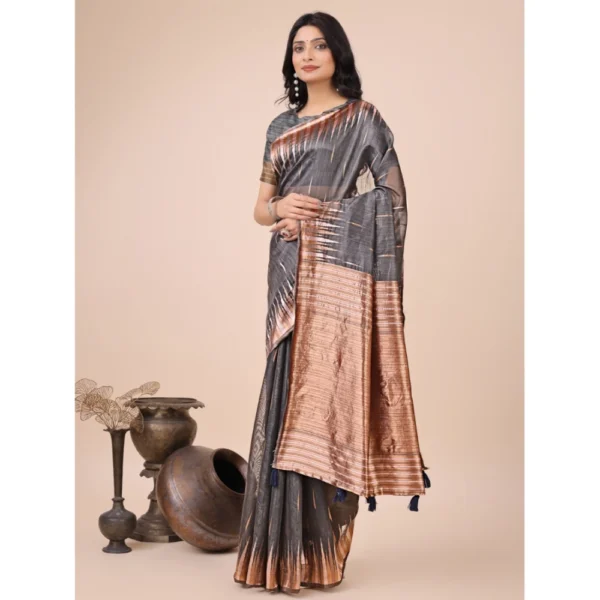 Women's Linen Cotton Printed Saree With Unstitched Blouse 5.5Mtr (Grey) - Image 2