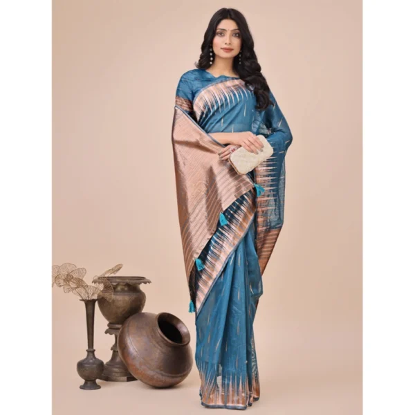 Women's Linen Cotton Printed Saree With Unstitched Blouse 5.5Mtr (Blue) - Image 2