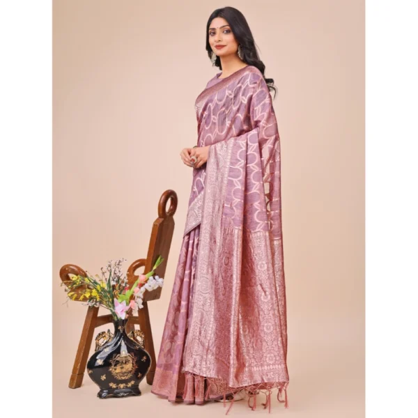 Women's Linen Cotton Printed Saree With Unstitched Blouse 5.5Mtr (Purple) - Image 2