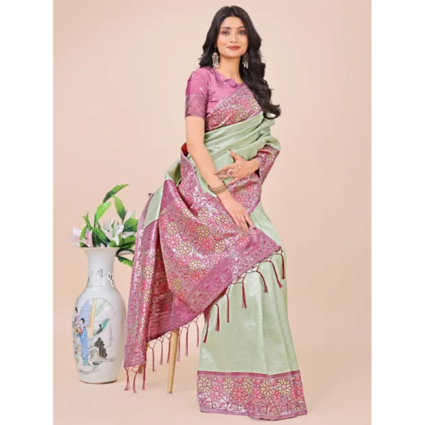 Generic Women's Lichi Silk Printed Saree With Unstitched Blouse 5.5Mtr (Olive Green) - Image 2