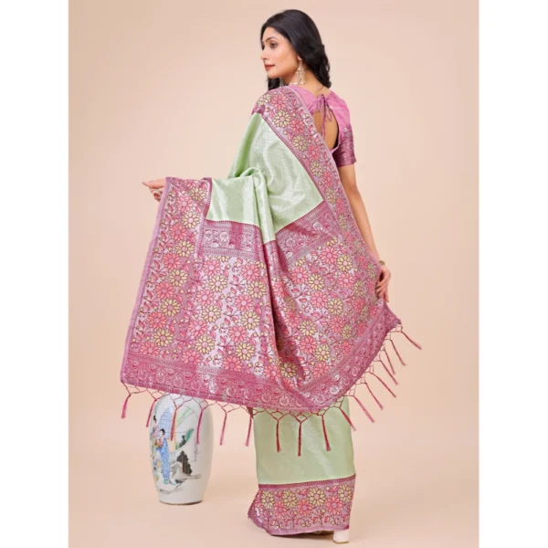 Generic Women's Lichi Silk Printed Saree With Unstitched Blouse 5.5Mtr (Olive Green) - Image 3