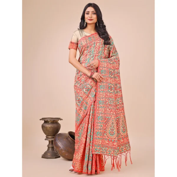 Women's Cotton Printed Saree With Unstitched Blouse 5.5Mtr (Cream) - Image 2