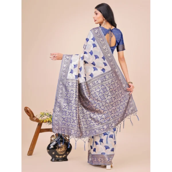 Women's Linen Cotton Printed Saree With Unstitched Blouse 5.5Mtr (Blue) - Image 3