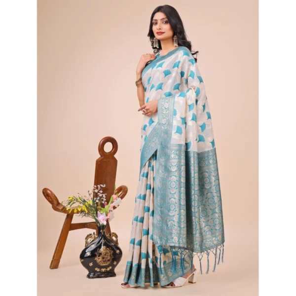 Women's Linen Cotton Printed Saree With Unstitched Blouse 5.5Mtr (Teal) - Image 2