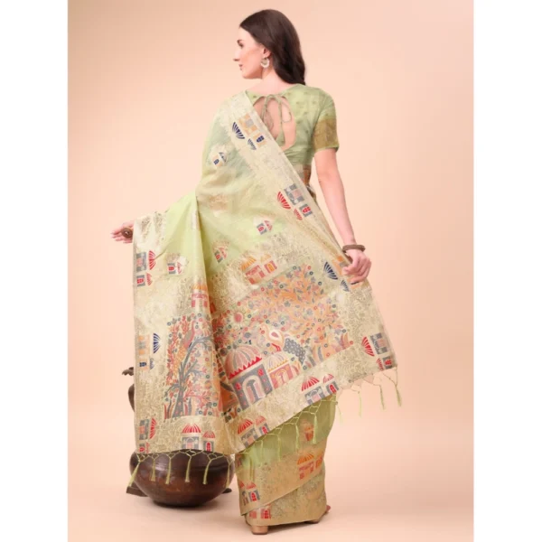 Women's Linen Cotton Printed Saree With Unstitched Blouse 5.5Mtr (Light Green) - Image 3