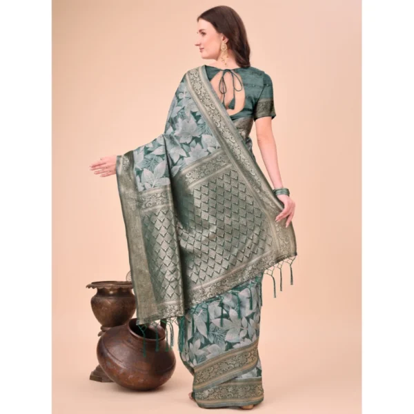 Women's Cotton Printed Saree With Unstitched Blouse 5.5Mtr (Green) - Image 3