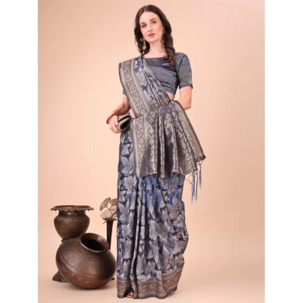 Women's Cotton Printed Saree With Unstitched Blouse 5.5Mtr (Navy Blue) - Image 2