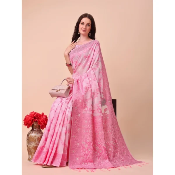 Women's Cotton Printed Saree With Unstitched Blouse 5.5Mtr (Pink) - Image 2