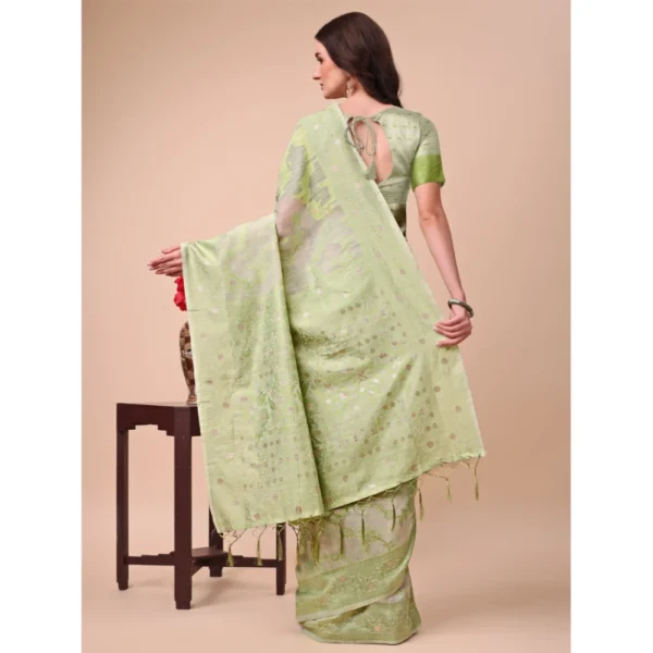Women's Cotton Printed Saree With Unstitched Blouse 5.5Mtr (Light Green) - Image 3