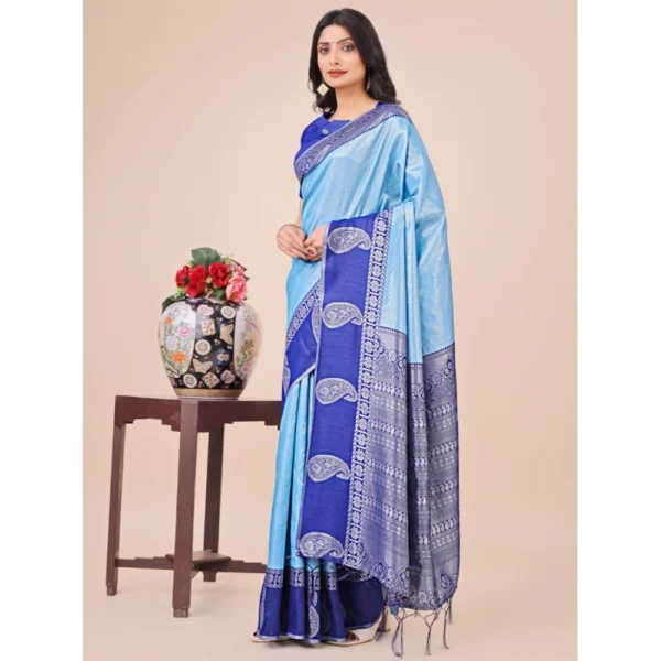 Women's Lichi Silk Printed Saree With Unstitched Blouse 5.5Mtr (Sky Blue) - Image 2