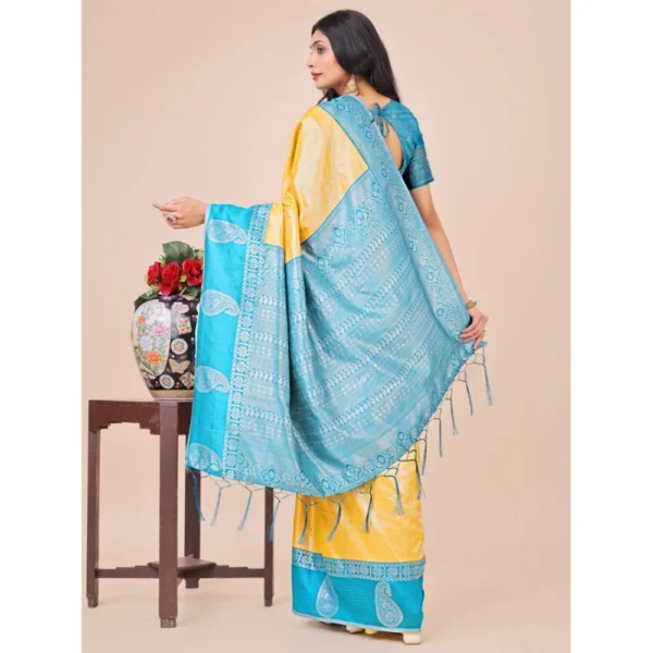 Women's Lichi Silk Printed Saree With Unstitched Blouse 5.5Mtr (Yellow) - Image 3