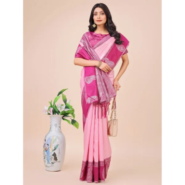 Women's Lichi Silk Printed Saree With Unstitched Blouse 5.5Mtr (Light Pink) - Image 2
