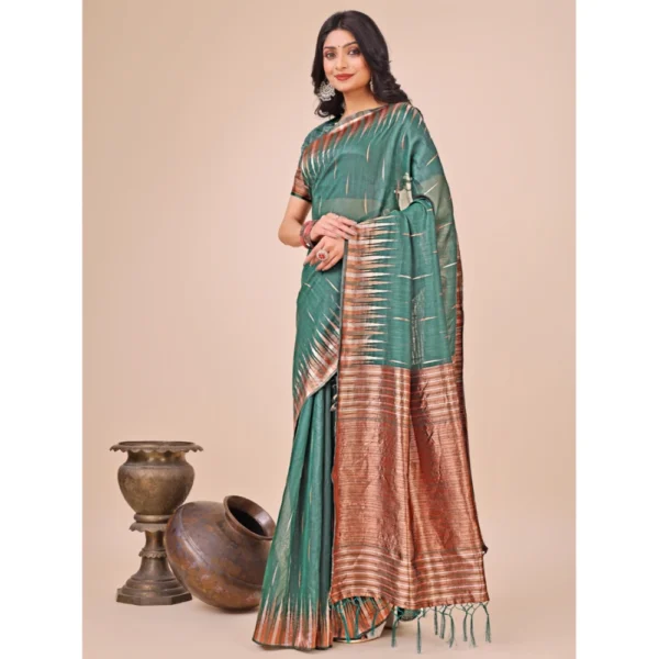 Women's Linen Cotton Printed Saree With Unstitched Blouse 5.5Mtr (Green) - Image 2