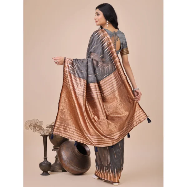 Women's Linen Cotton Printed Saree With Unstitched Blouse 5.5Mtr (Grey) - Image 3