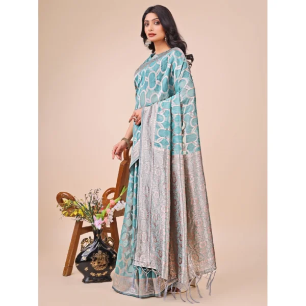 Women's Linen Cotton Printed Saree With Unstitched Blouse 5.5Mtr (Teal) - Image 2