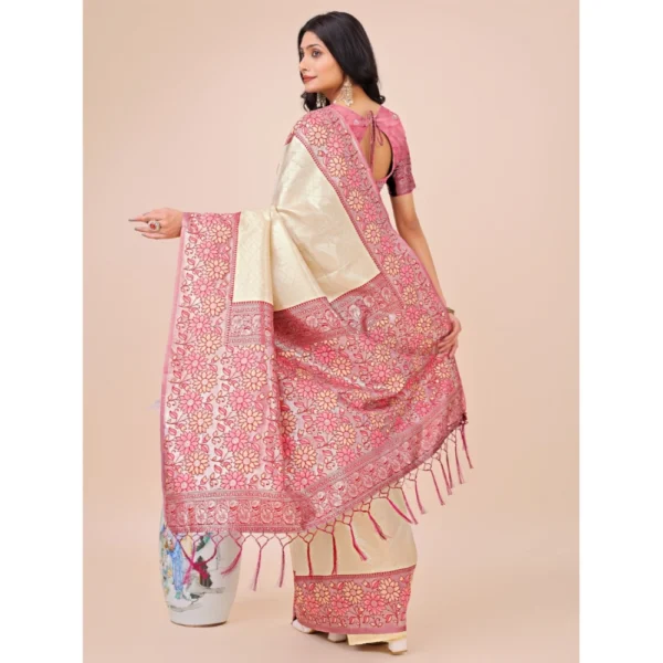 Women's Lichi Silk Printed Saree With Unstitched Blouse 5.5Mtr (Cream) - Image 3