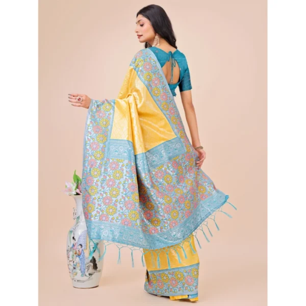 Women's Lichi Silk Printed Saree With Unstitched Blouse 5.5Mtr (Yellow) - Image 3